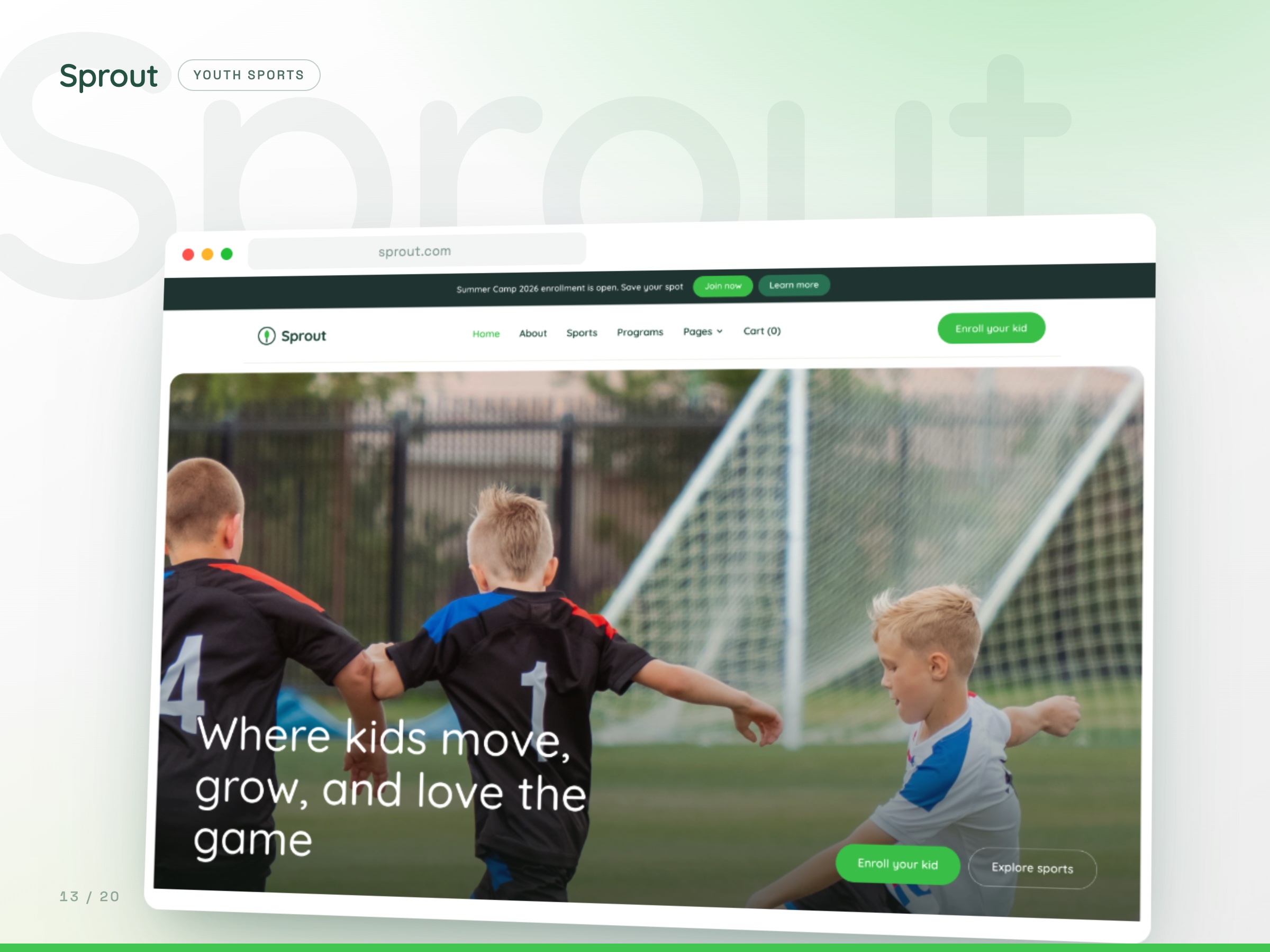 Sprout Athletics concept website, Kids Sports